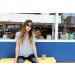 Woman modeling Rivington oak barrel sunglasses